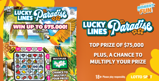 Graphic advertising $4 Lucky Lines Paradise Scratch & Win ticket with a top prize of $75,000
